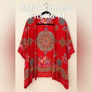 Boho Red Floral Medallion Kimono Cardigan XS (Fits S/M Too)
